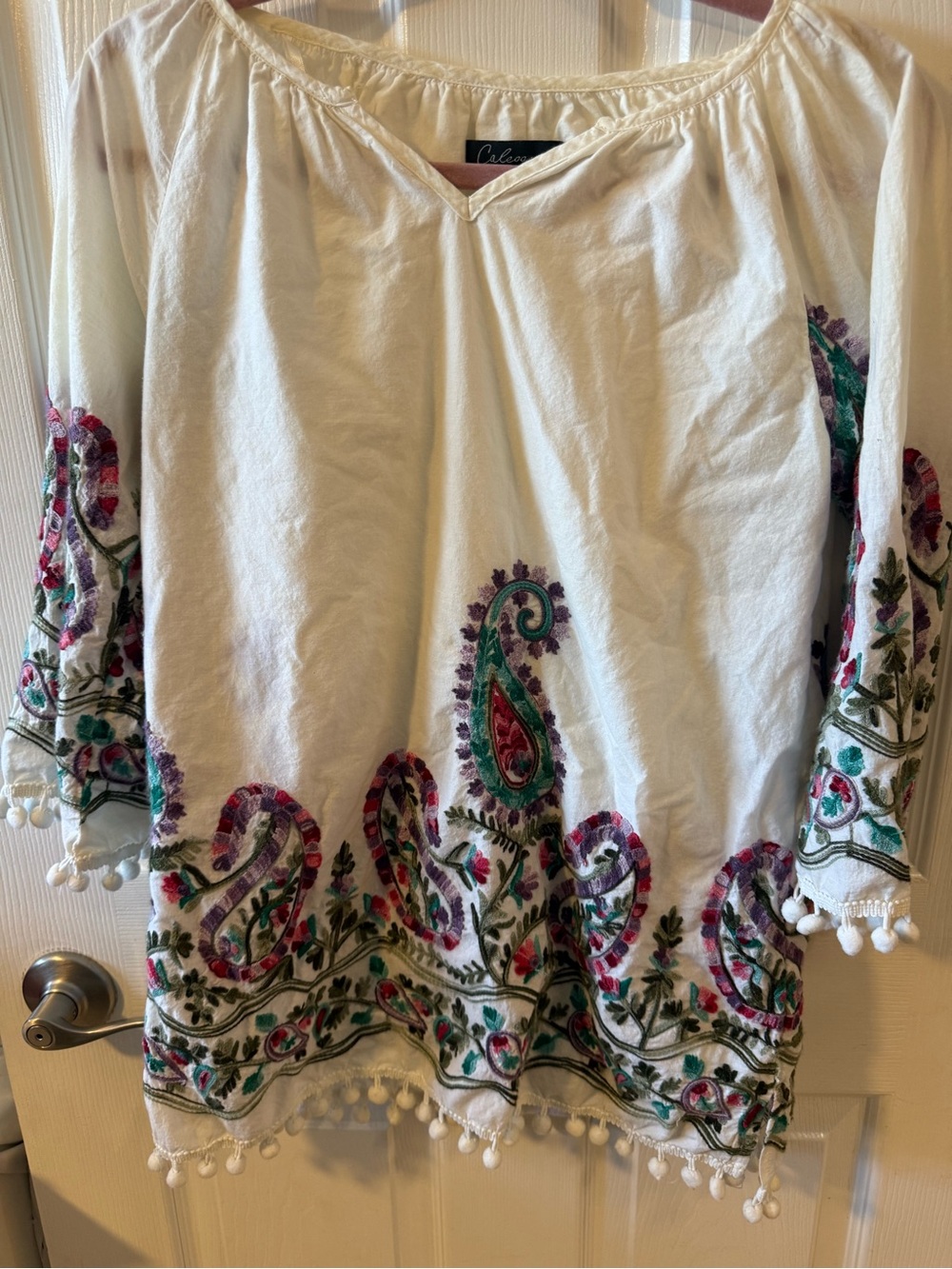Super Detailed White Tunic with Pink, Green & Purple Paisley Embroidery